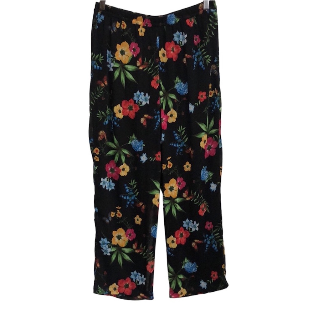 LINEA black sheer cropped pants brightly colored tropical floral Small resort